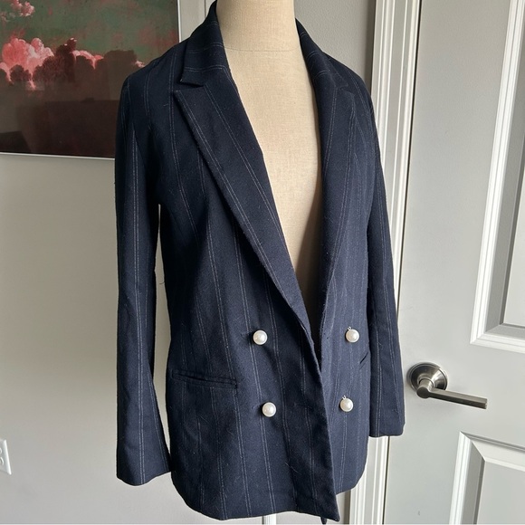 Leith Pinstripe Blazer w/ Pearl Buttons | Size XS | Navy Charcoal Structured Fit - Picture 2 of 7